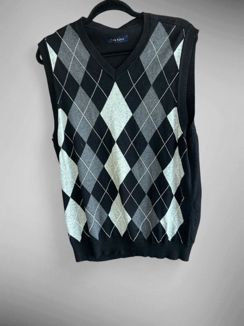Club Room Men's Argyle Sweater Vest Preppy Old Money Black Gray Cotton